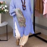 Women's Solid Color Round Neck 3/4 Sleeves Casual Linen Slit Long Top