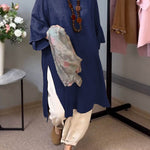 Women's Solid Color Round Neck 3/4 Sleeves Casual Linen Slit Long Top