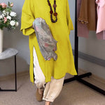 Women's Solid Color Round Neck 3/4 Sleeves Casual Linen Slit Long Top