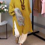 Women's Solid Color Round Neck 3/4 Sleeves Casual Linen Slit Long Top