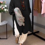 Women's Solid Color Round Neck 3/4 Sleeves Casual Linen Slit Long Top