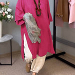 Women's Solid Color Round Neck 3/4 Sleeves Casual Linen Slit Long Top