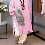 Women's Solid Color Round Neck 3/4 Sleeves Casual Linen Slit Long Top