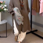 Women's Solid Color Round Neck 3/4 Sleeves Casual Linen Slit Long Top
