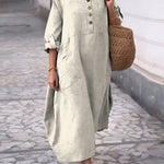 Women's Solid Color Round Neck Half Sleeve Loose Casual Pocket Linen Dress