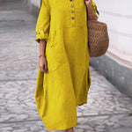 Women's Solid Color Round Neck Half Sleeve Loose Casual Pocket Linen Dress