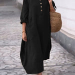 Women's Solid Color Round Neck Half Sleeve Loose Casual Pocket Linen Dress