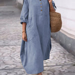 Women's Solid Color Round Neck Half Sleeve Loose Casual Pocket Linen Dress