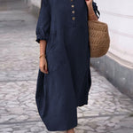 Women's Solid Color Round Neck Half Sleeve Loose Casual Pocket Linen Dress