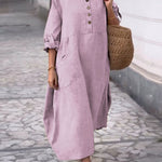 Women's Solid Color Round Neck Half Sleeve Loose Casual Pocket Linen Dress
