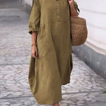 Women's Solid Color Round Neck Half Sleeve Loose Casual Pocket Linen Dress