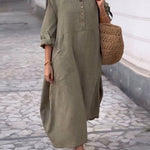 Women's Solid Color Round Neck Half Sleeve Loose Casual Pocket Linen Dress