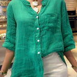 Women's Solid Color V-Neck 3/4 Sleeves Pockets Loose Casual Linen Shirt