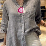 Women's Solid Color V-Neck 3/4 Sleeves Pockets Loose Casual Linen Shirt