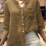 Women's Solid Color V-Neck 3/4 Sleeves Pockets Loose Casual Linen Shirt