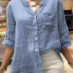 Women's Solid Color V-Neck 3/4 Sleeves Pockets Loose Casual Linen Shirt