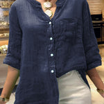 Women's Solid Color V-Neck 3/4 Sleeves Pockets Loose Casual Linen Shirt