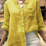 Women's Solid Color V-Neck 3/4 Sleeves Pockets Loose Casual Linen Shirt
