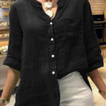 Women's Solid Color V-Neck 3/4 Sleeves Pockets Loose Casual Linen Shirt