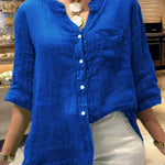 Women's Solid Color V-Neck 3/4 Sleeves Pockets Loose Casual Linen Shirt