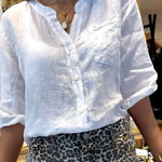 Women's Solid Color V-Neck 3/4 Sleeves Pockets Loose Casual Linen Shirt