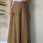 Women's Solid High Waist Lace-Up Casual Linen Wide Leg Pants