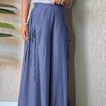 Women's Solid High Waist Lace-Up Casual Linen Wide Leg Pants