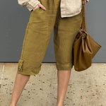 Women's Solid Elastic Waist Casual Linen Capri Pants