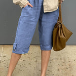 Women's Solid Elastic Waist Casual Linen Capri Pants