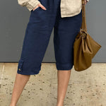 Women's Solid Elastic Waist Casual Linen Capri Pants