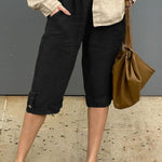 Women's Solid Elastic Waist Casual Linen Capri Pants