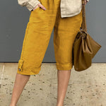 Women's Solid Elastic Waist Casual Linen Capri Pants