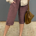 Women's Solid Elastic Waist Casual Linen Capri Pants
