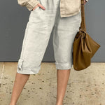 Women's Solid Elastic Waist Casual Linen Capri Pants