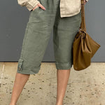 Women's Solid Elastic Waist Casual Linen Capri Pants