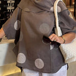 Women's Polka Dot Print Cotton Shirt with Draped Collar and 3/4 Sleeves