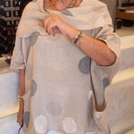 Women's Polka Dot Print Cotton Shirt with Draped Collar and 3/4 Sleeves