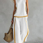 Women's Round Neck Sleeveless Casual Loose Top And High-waisted Loose Wide-leg Pants Cotton And Linen Set.
