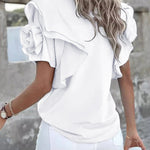 Loose Ruffle Sleeves Ruffled Solid Color Three-Dimensional Flower Round-Neck T-Shirts Tops