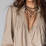 Vintage Pleated Collar Lace Trim Cotton  Linen Blouse