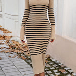Long Sleeves Loose Contrast Color Striped V-Neck Midi Dresses Sweater Dresses