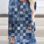 Crew Neck Long Sleeve Denim Pattern Mid-length Blouse