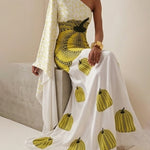 Long Sleeves Loose Asymmetric Printed One-Shoulder Maxi Dresses
