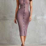 Quiet Luxury Mist Purple Ribbed Knit Button-Down Midi Dress