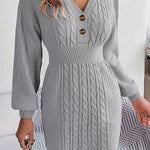 Buttoned V-neck twist lantern sleeves hip-hugging sweater dress
