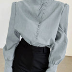 Long Sleeves Loose Solid Color Split-Joint High-Neck Blouses