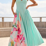 V Neck Sleeveless Basque Waist Floral Print Maxi Dress