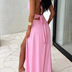 Margovil Deep V Neck Halter Tie Knot Backless Slit Maxi Dress