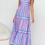 Margovil Spaghetti Strap Tiered Color Block Striped Maxi Dress