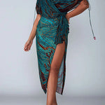 Wrap V Neck Drawstring Batwing Sleeves Slit Printed Midi Dress